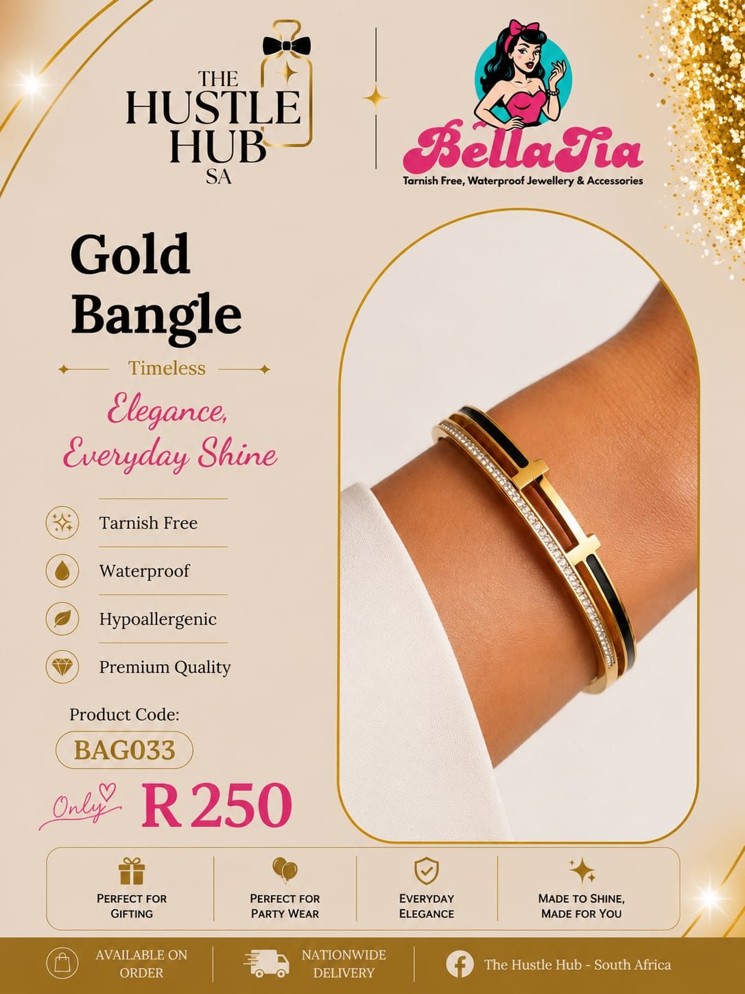 Gold Bangle — Black Enamel & Crystal