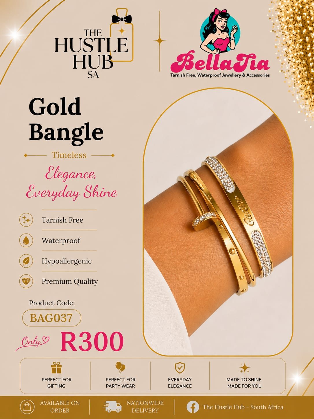 Gold Bangle — Nail & Crystal Stack