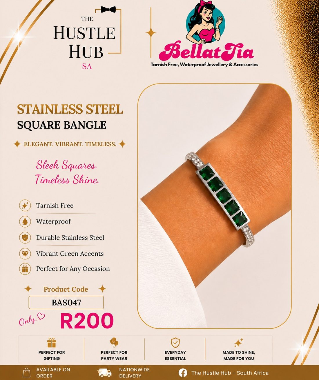 Stainless Steel Square Bangle — Green