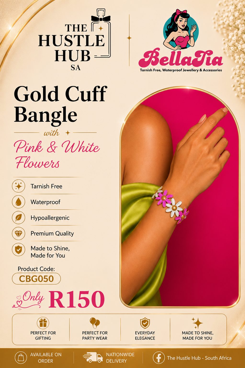 Gold Cuff Bangle — Pink & White Flowers