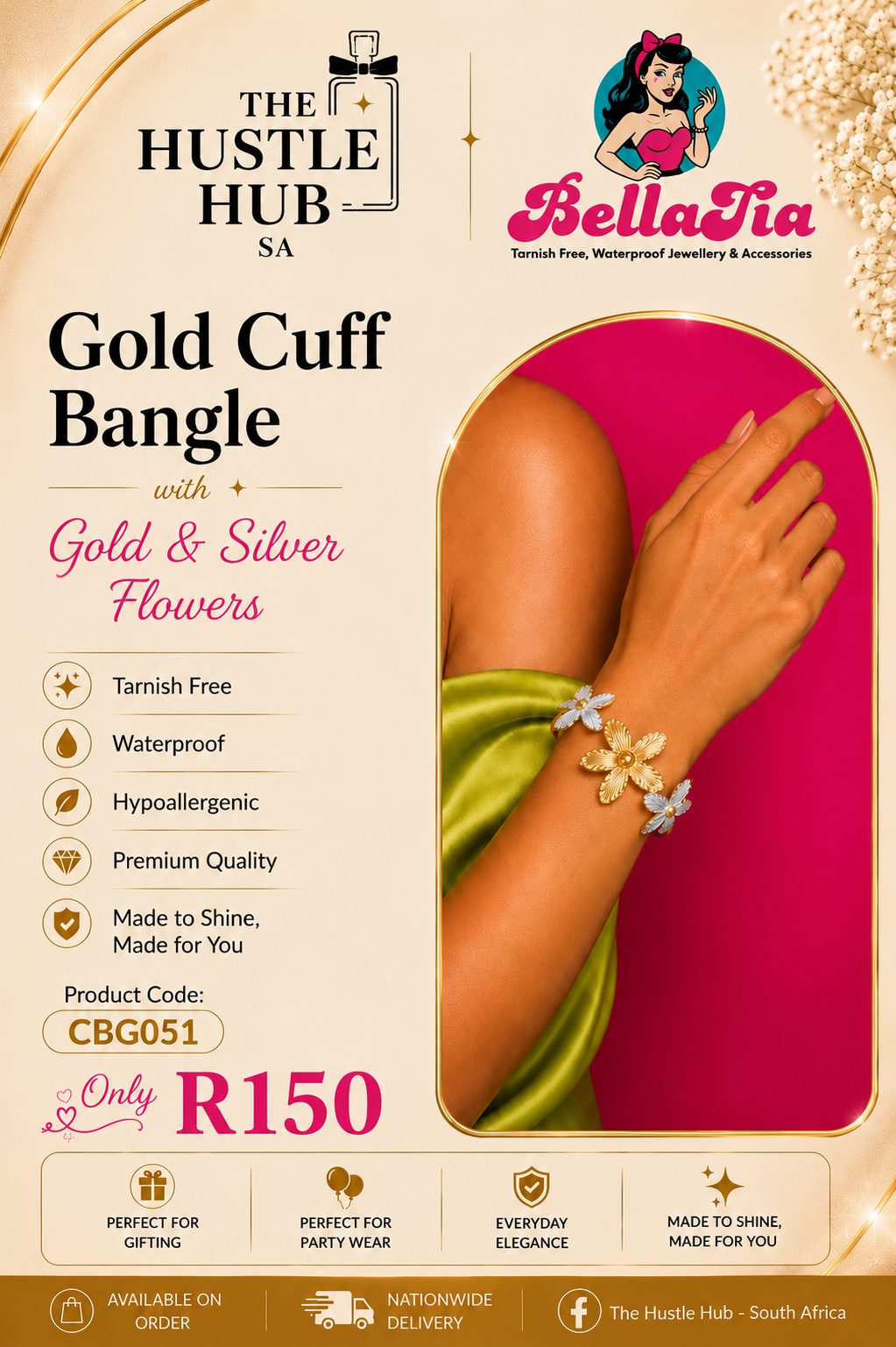 Gold Cuff Bangle — Gold & Silver Flowers