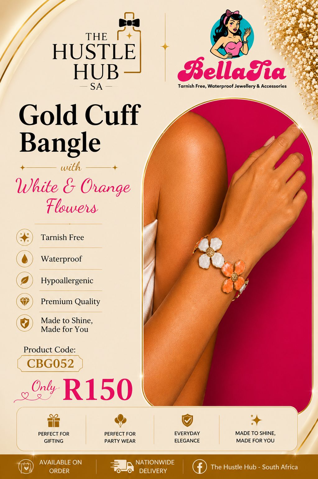 Gold Cuff Bangle — White & Orange Flowers