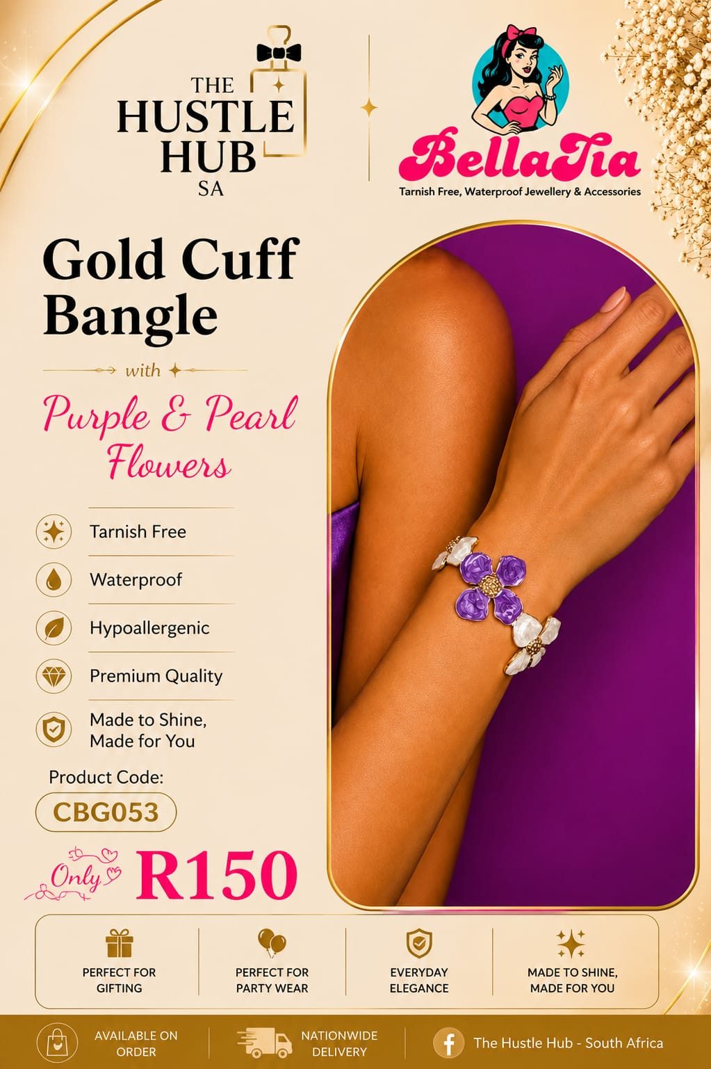 Gold Cuff Bangle — Purple & Pearl Flowers