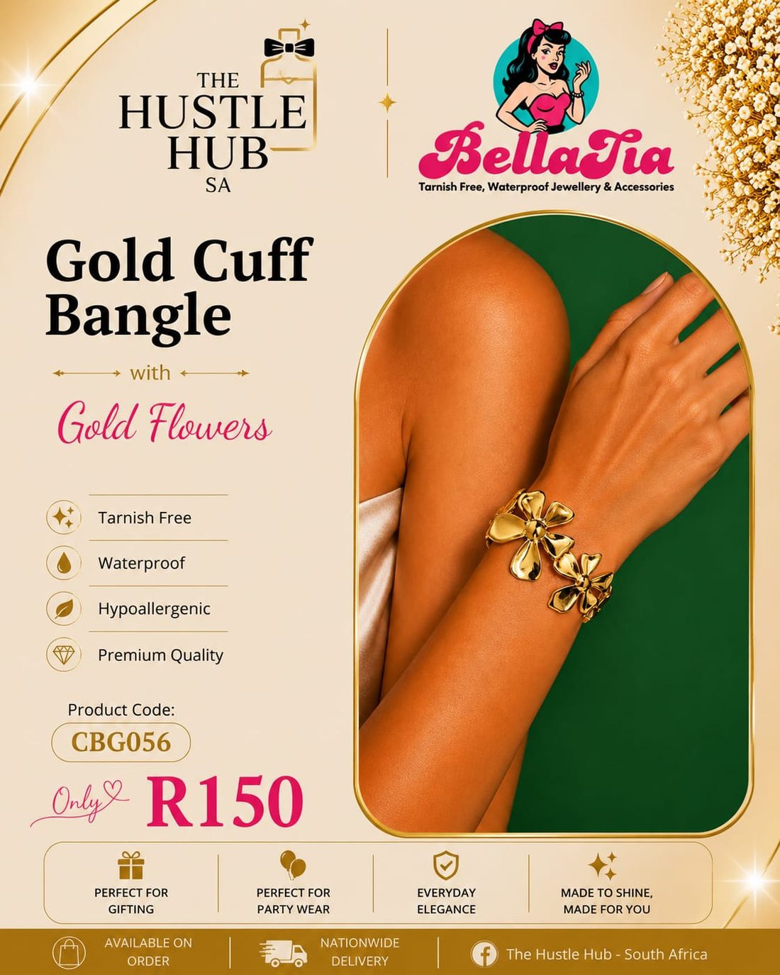 Gold Cuff Bangle — Gold Flowers