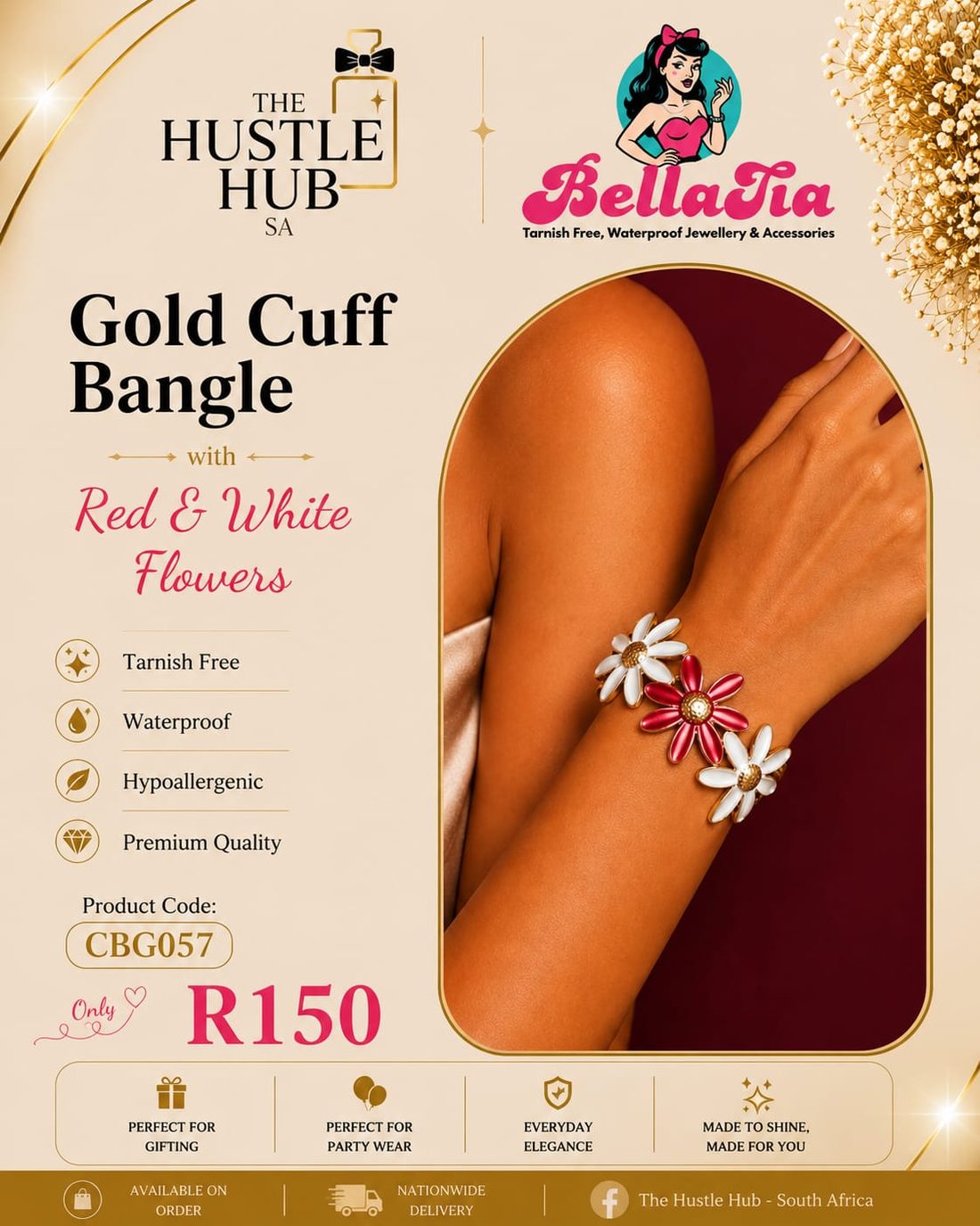 Gold Cuff Bangle — Red & White Flowers