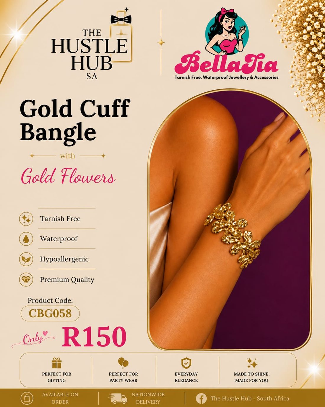 Gold Cuff Bangle — Textured Gold Flowers