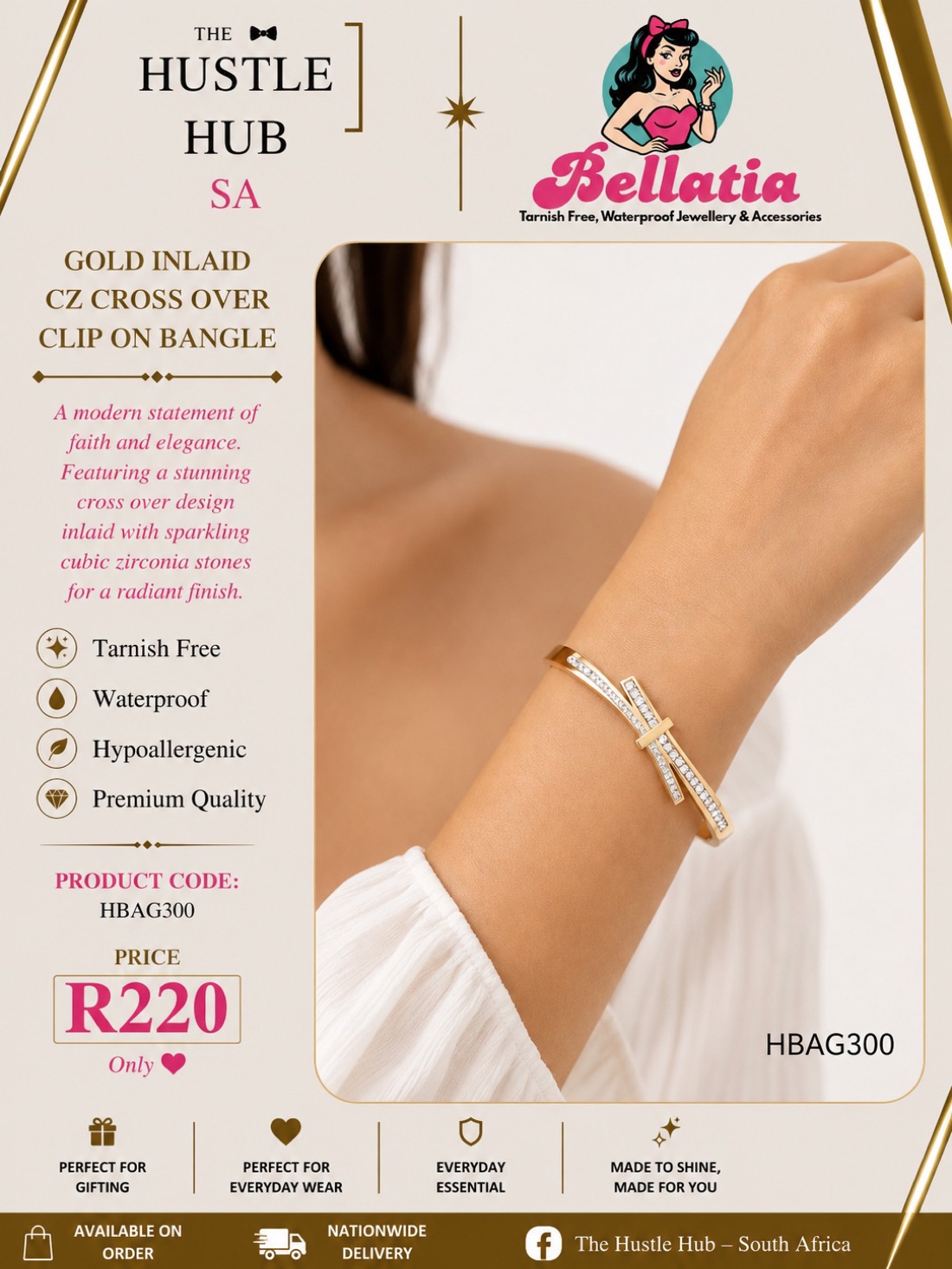 Gold Inlaid CZ Cross Over Clip On Bangle