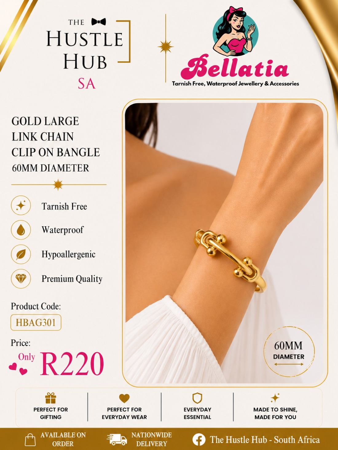 Gold Large Link Chain Clip On Bangle