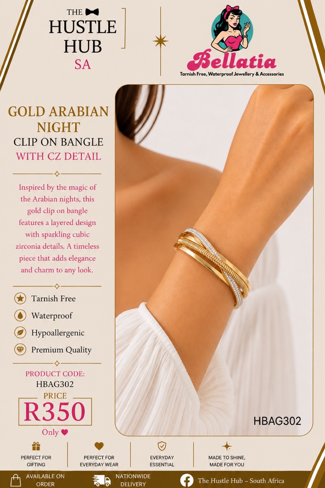 Gold Arabian Night Clip On Bangle with CZ Detail