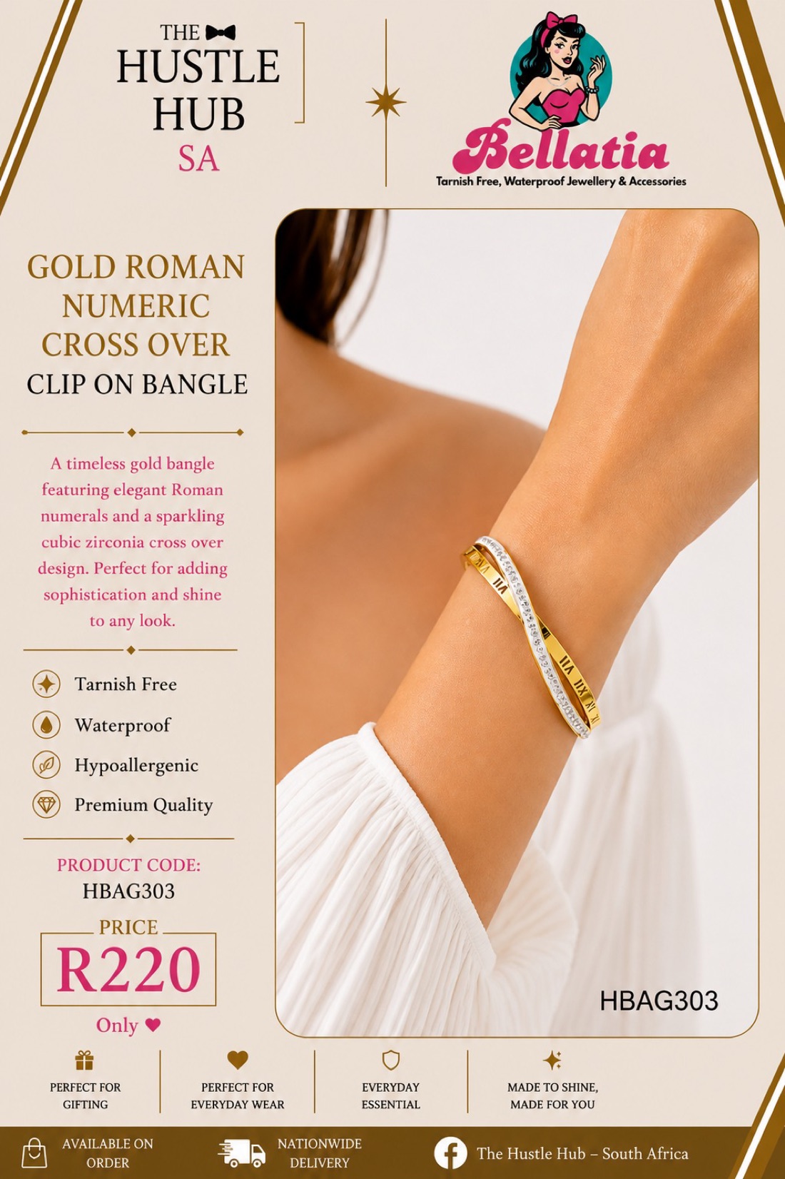 Gold Roman Numeric Cross Over Clip On Bangle