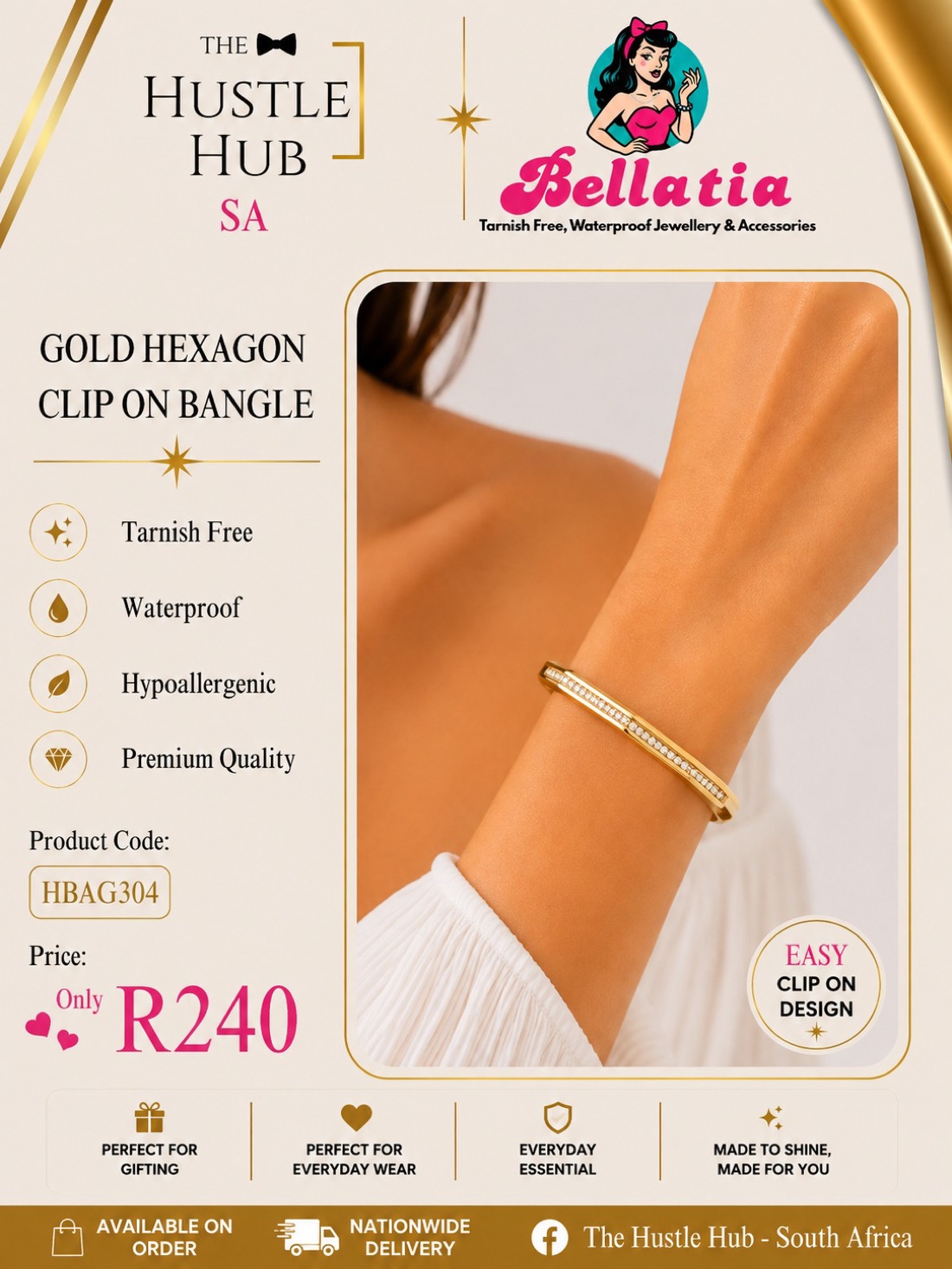 Gold Hexagon Clip On Bangle