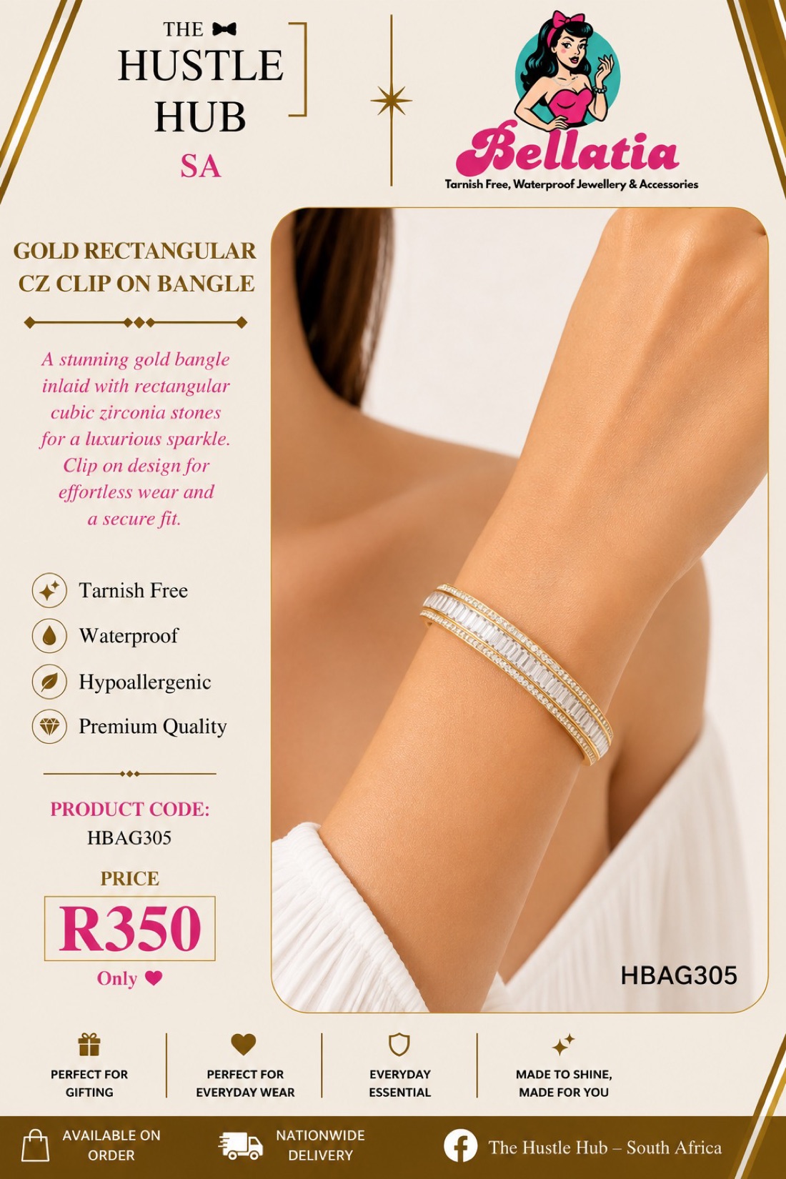 Gold Rectangular CZ Clip On Bangle