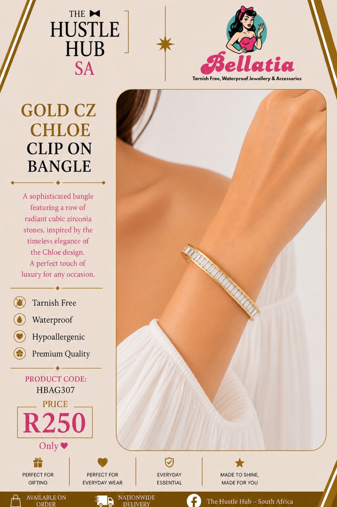 Gold CZ Chloe Clip On Bangle