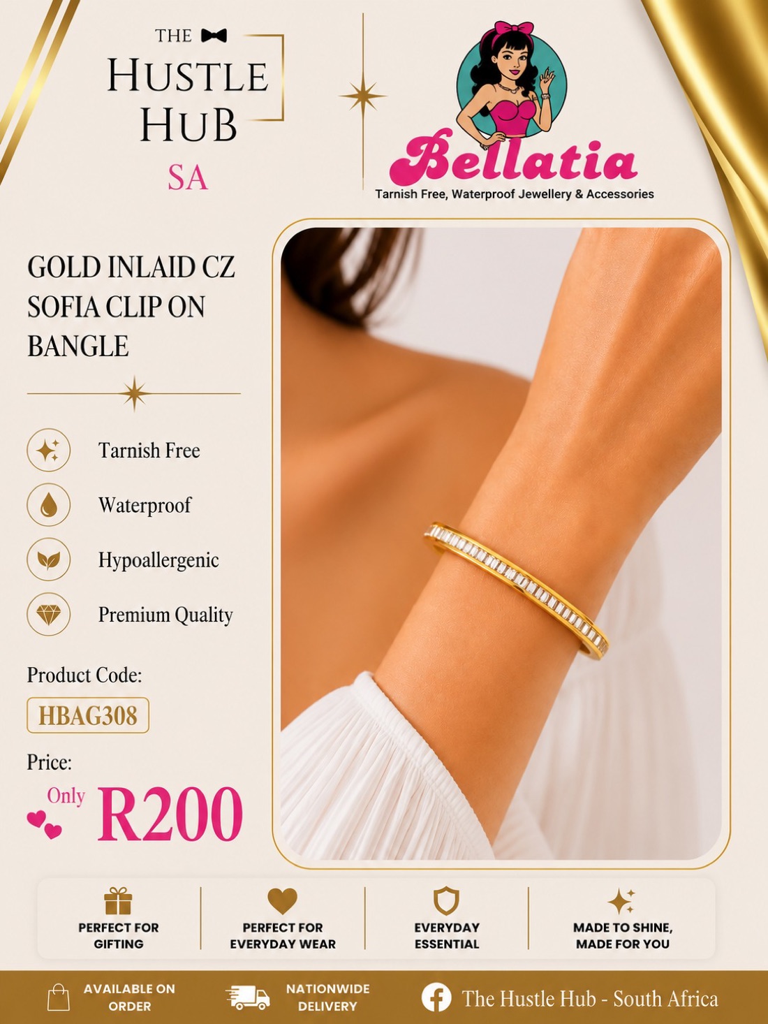 Gold Inlaid CZ Sofia Clip On Bangle