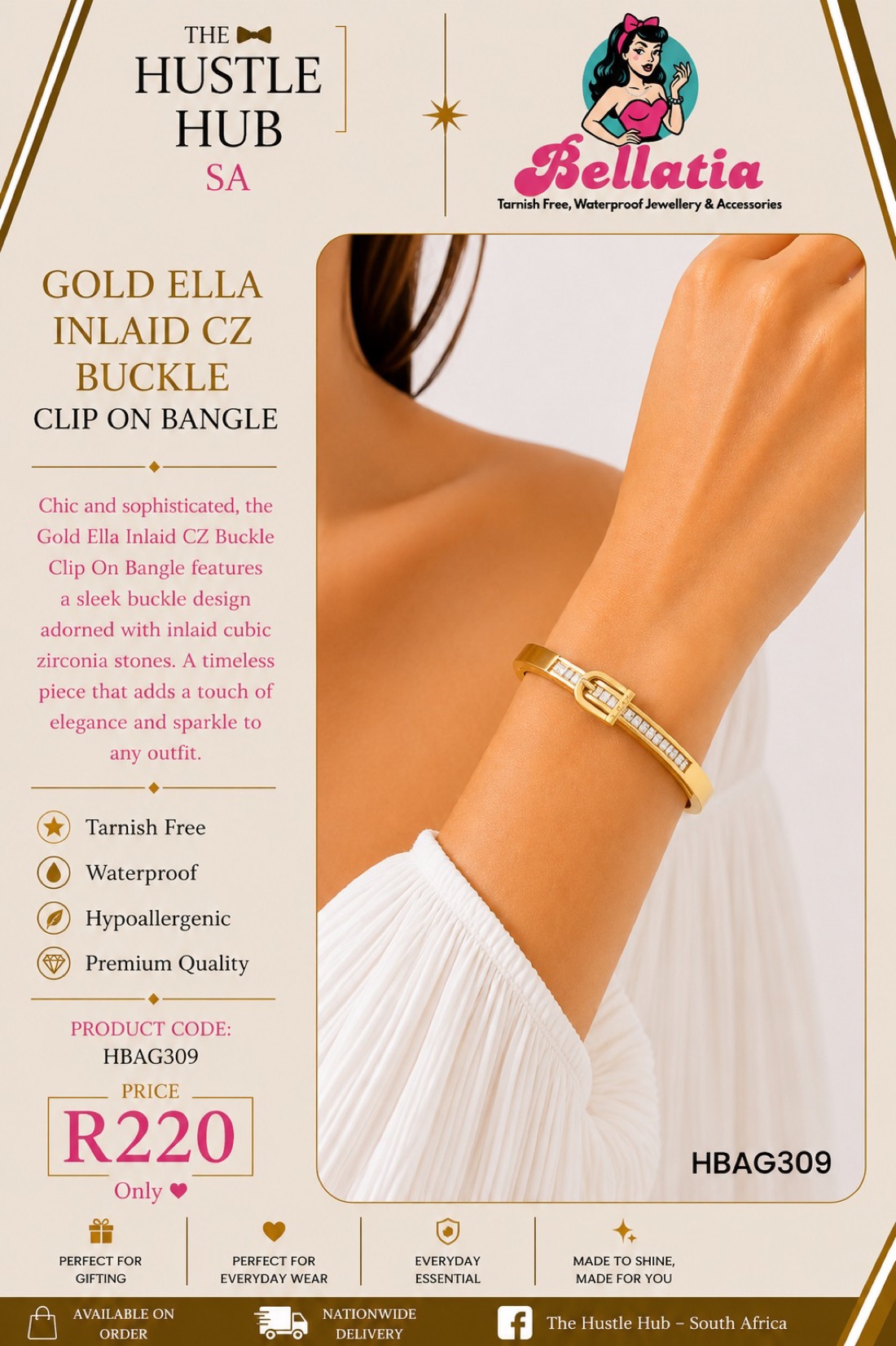 Gold Ella Inlaid CZ Buckle Clip On Bangle