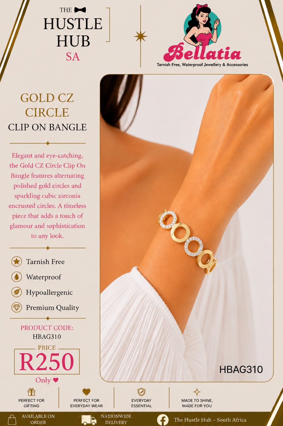 Gold CZ Circle Clip On Bangle