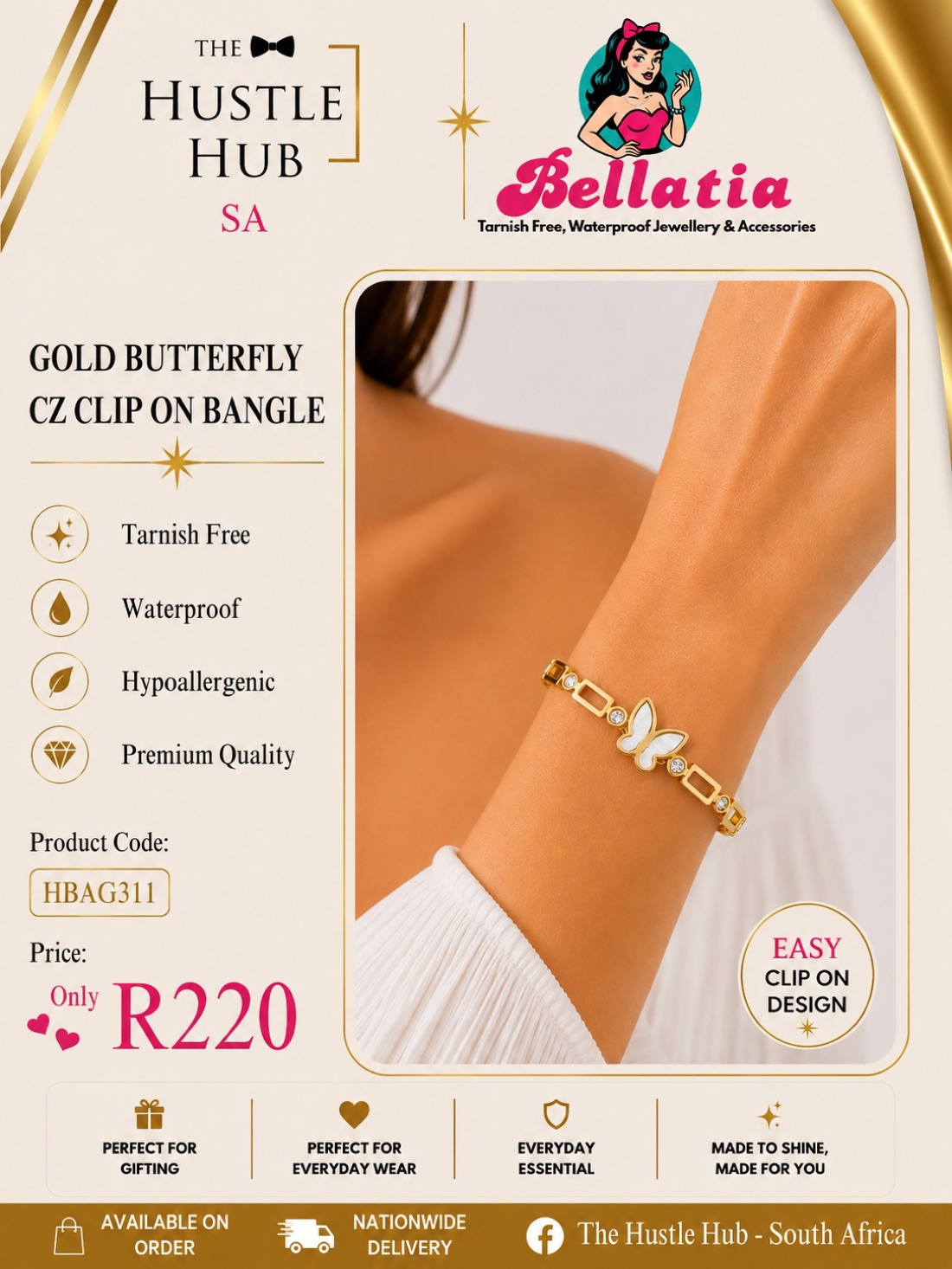 Gold Butterfly CZ Clip On Bangle