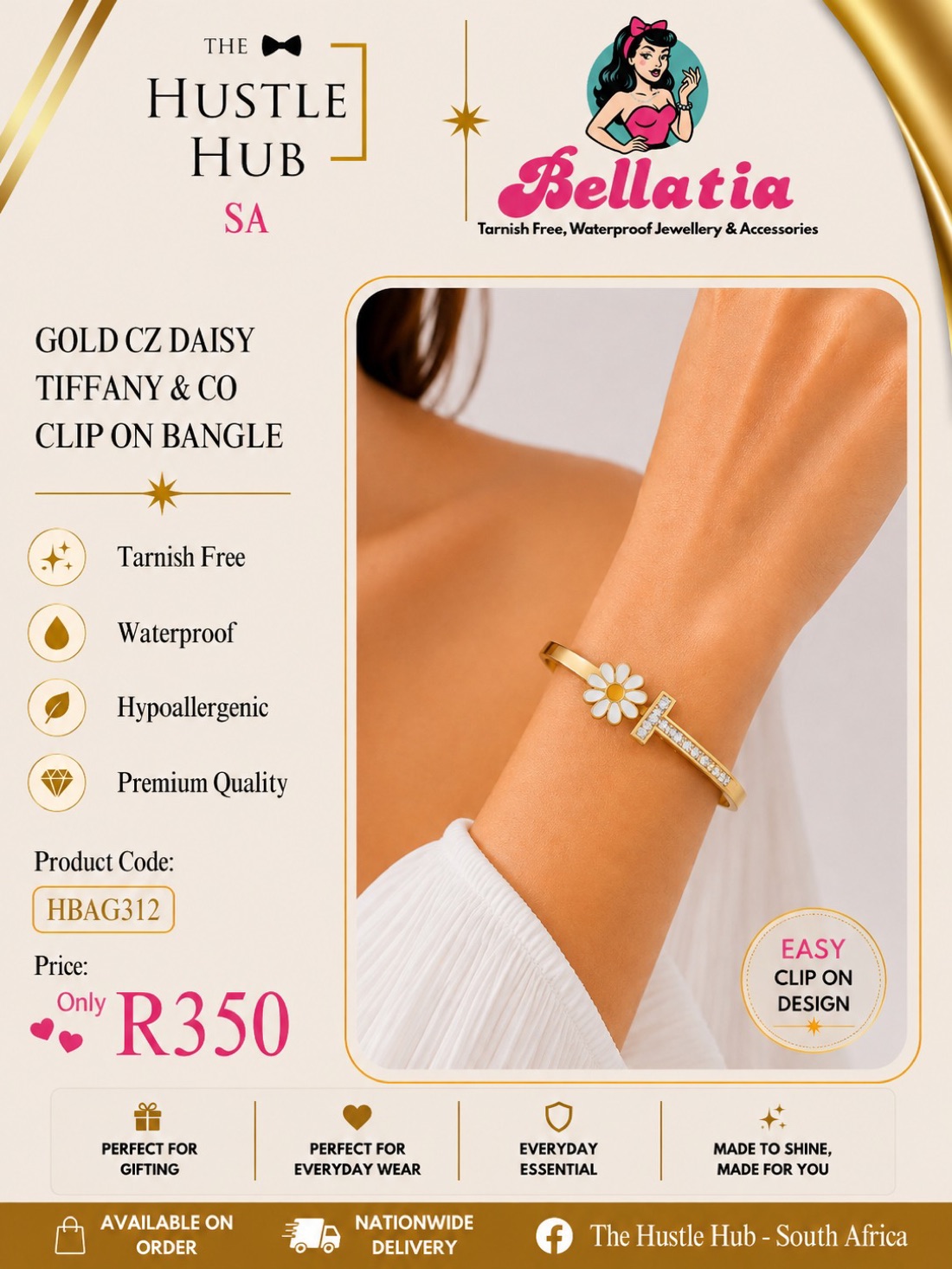 Gold CZ Daisy Tiffany & Co Clip On Bangle