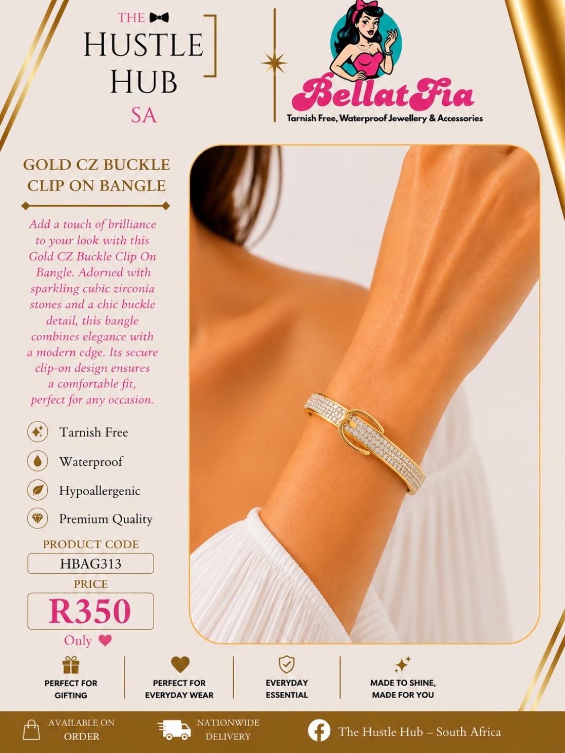 Gold CZ Buckle Clip On Bangle