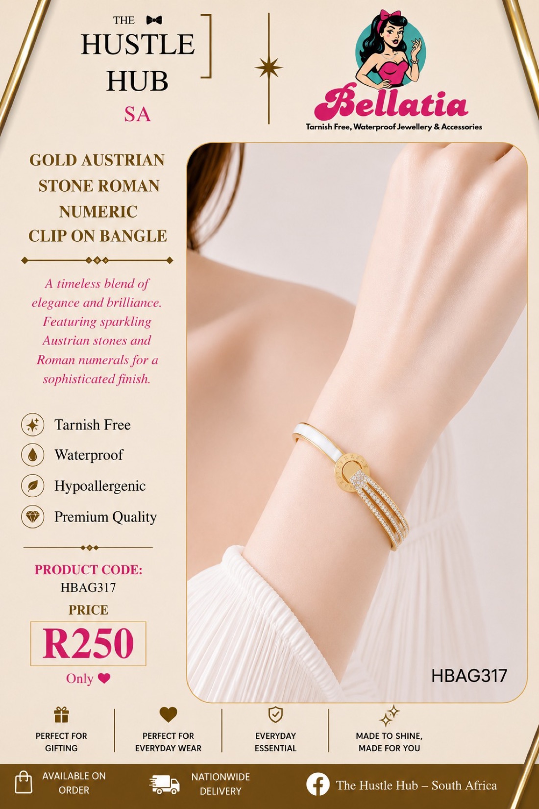 Gold Austrian Stone Roman Numeric Clip On Bangle