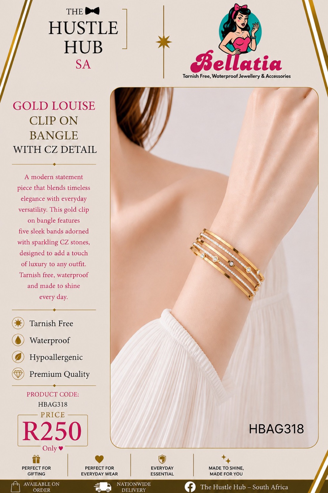Gold Louise Clip On Bangle with CZ Detail