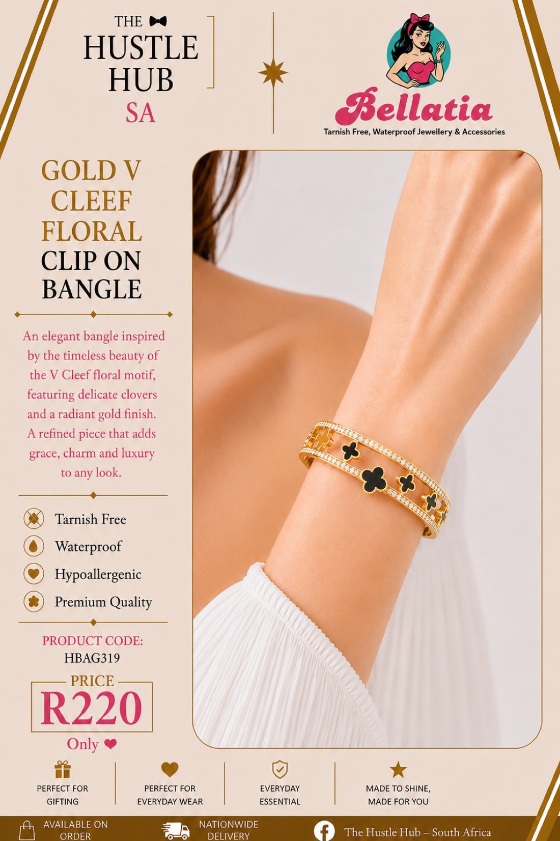 Gold V Cleef Floral Clip On Bangle