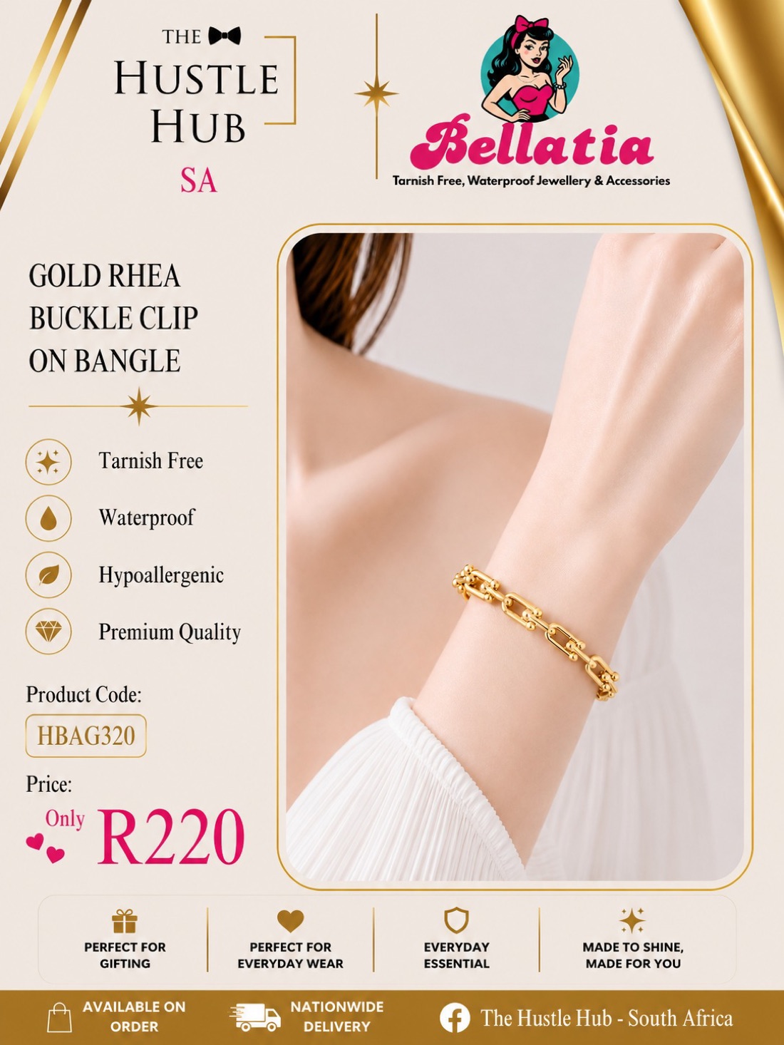 Gold Rhea Buckle Clip On Bangle