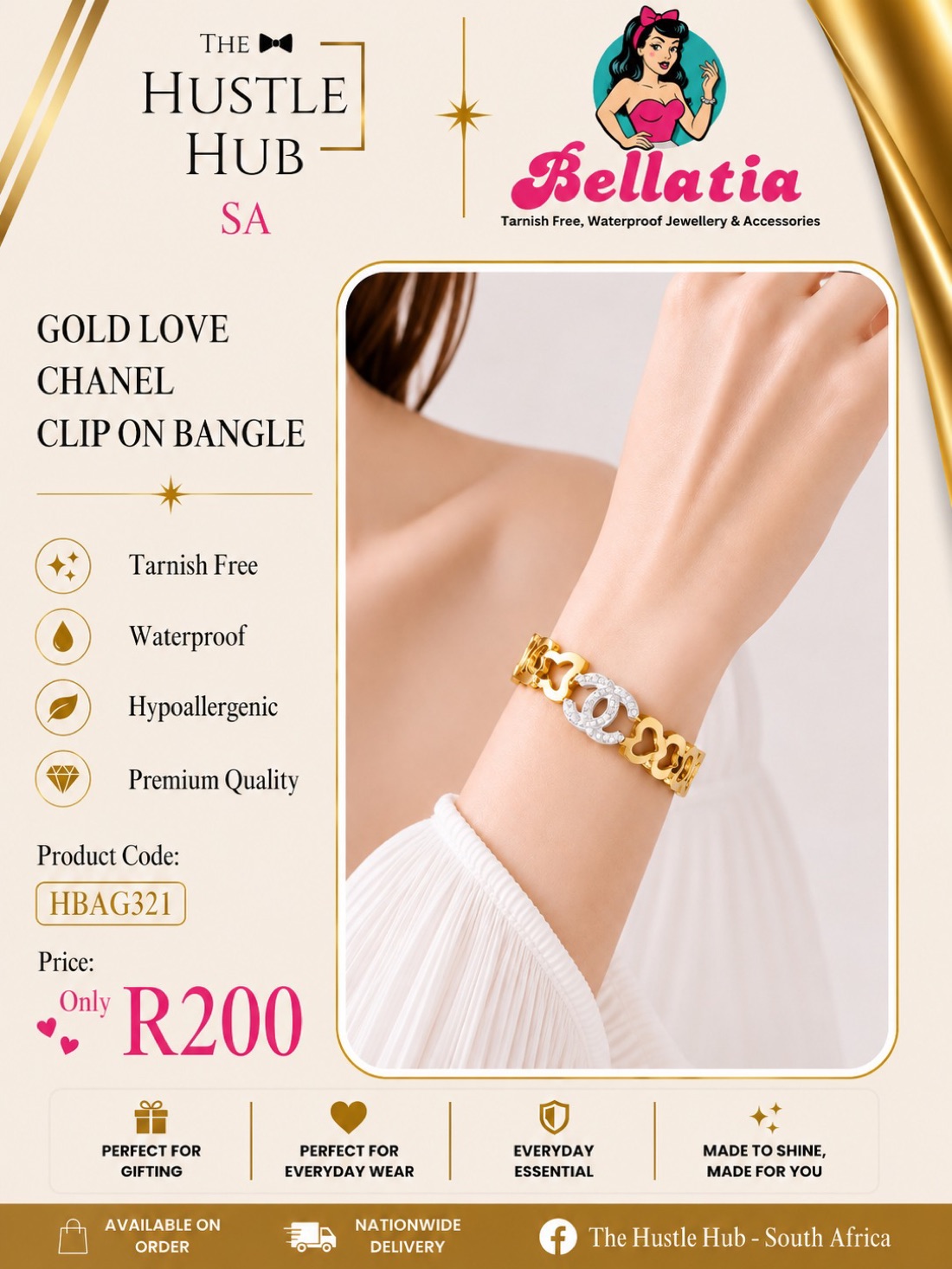Gold Love Chanel Clip On Bangle