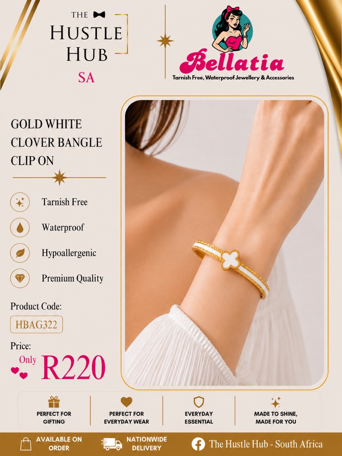 Gold White Clover Bangle Clip On