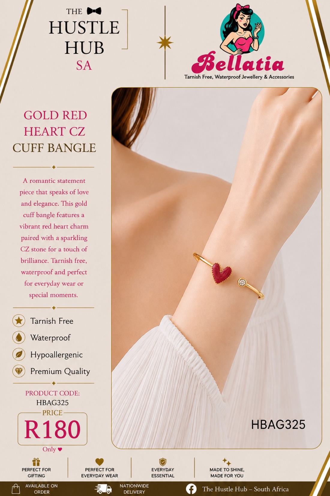 Gold Red Heart CZ Cuff Bangle