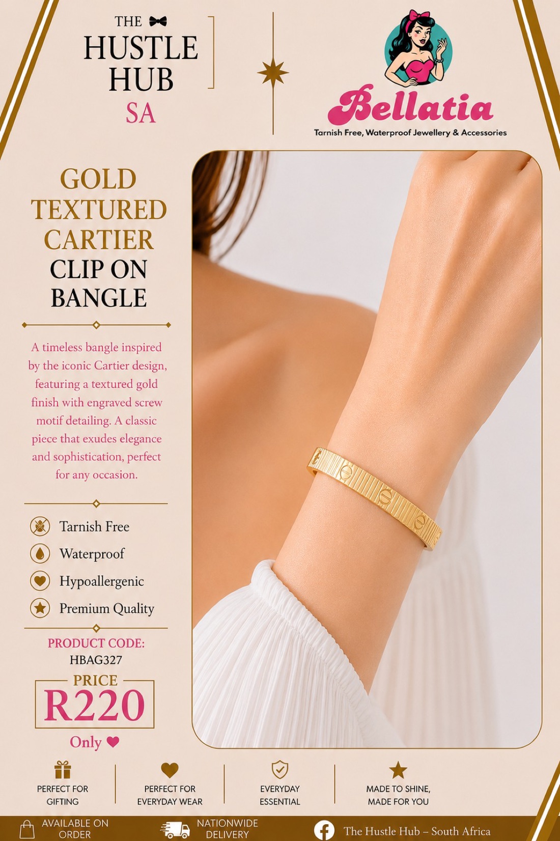 Gold Textured Cartier Clip On Bangle
