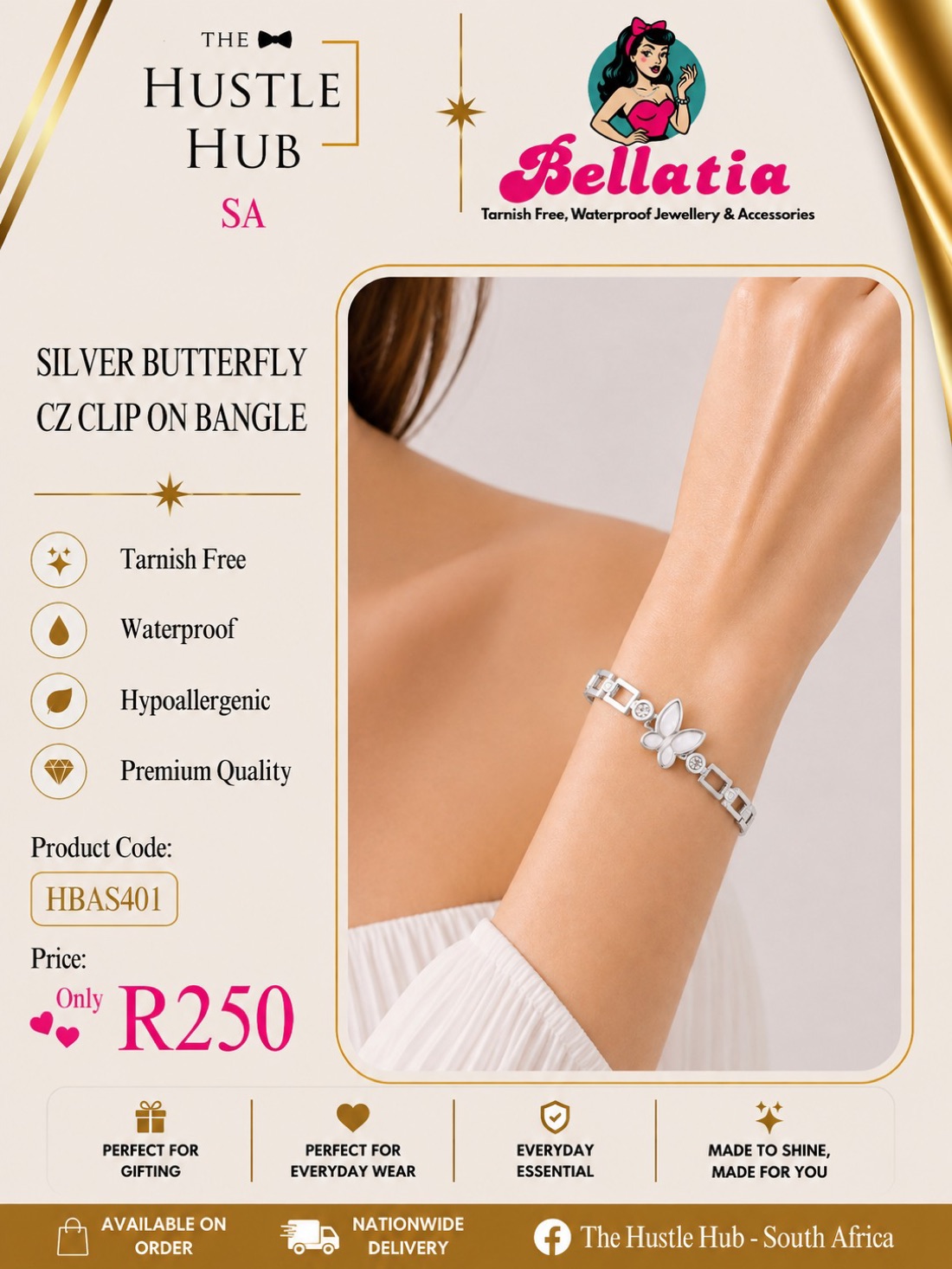 Silver Butterfly CZ Clip On Bangle