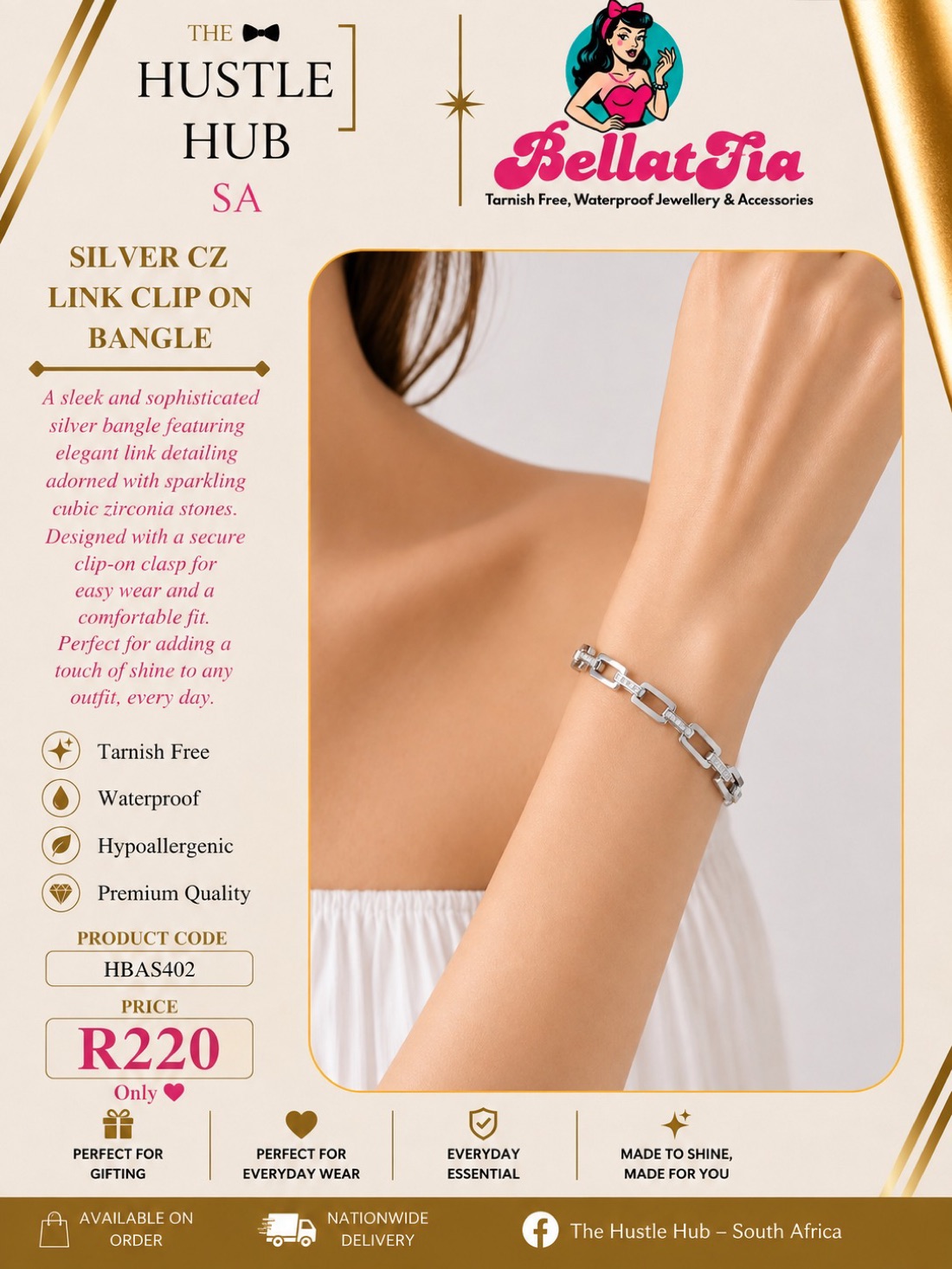 Silver CZ Link Clip On Bangle