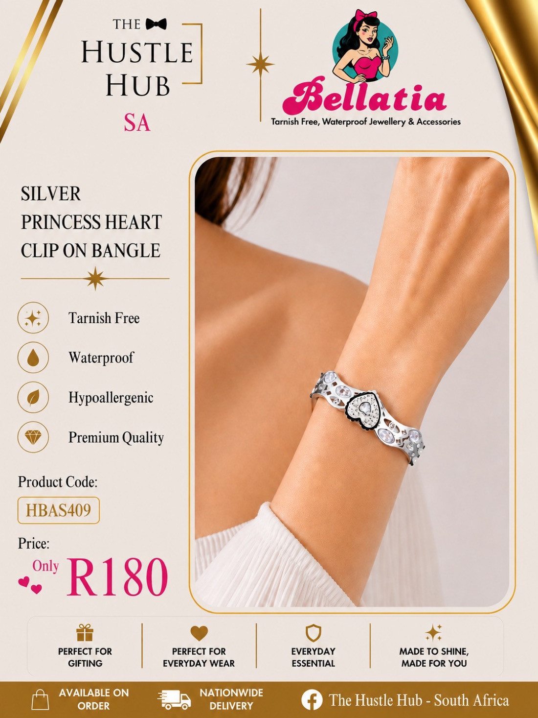 Silver Princess Heart Clip On Bangle