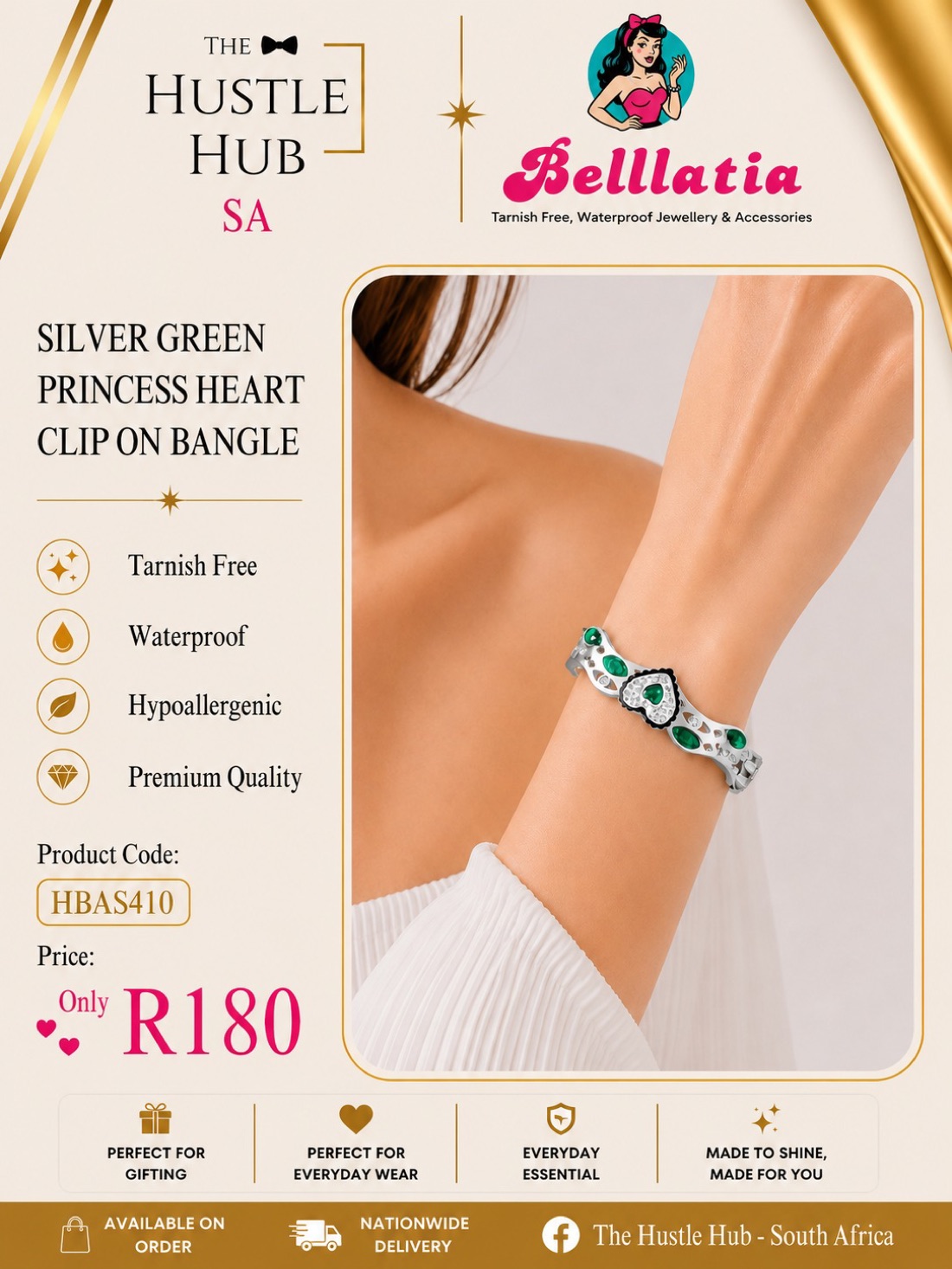Silver Green Princess Heart Clip On Bangle