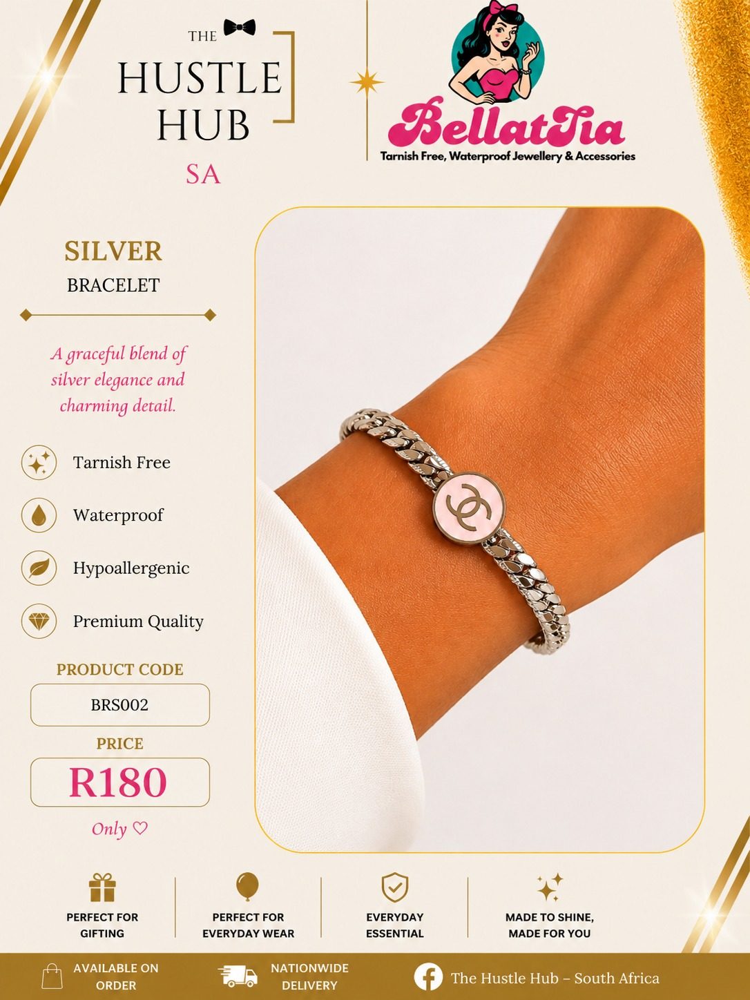 Silver Chain Bracelet with Pink Charm