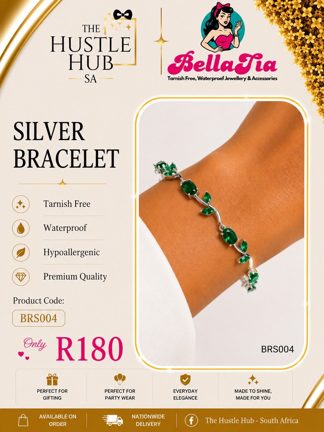 Silver Emerald Vine Bracelet