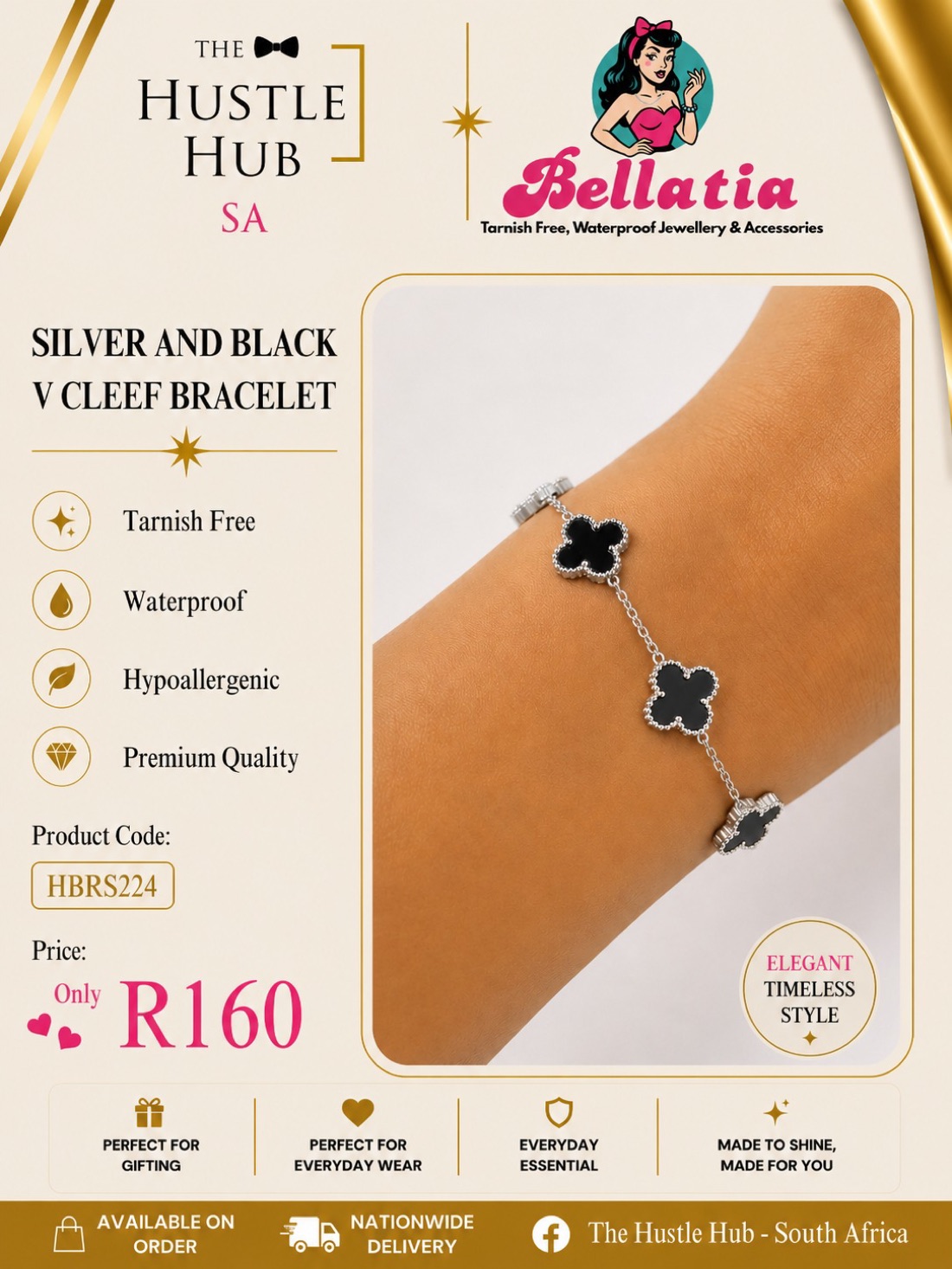 Silver and Black V Cleef Bracelet