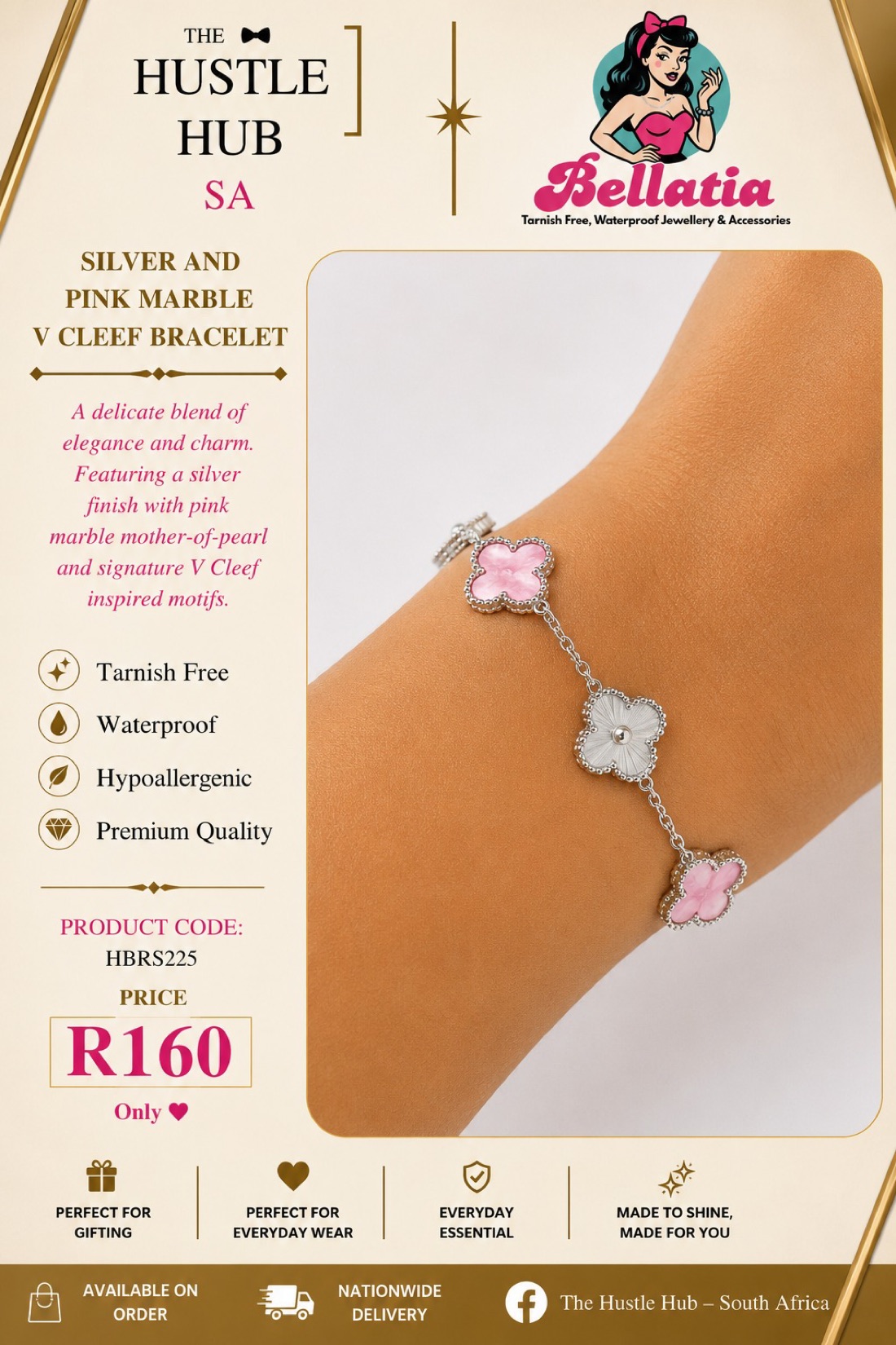 Silver and Pink Marble V Cleef Bracelet