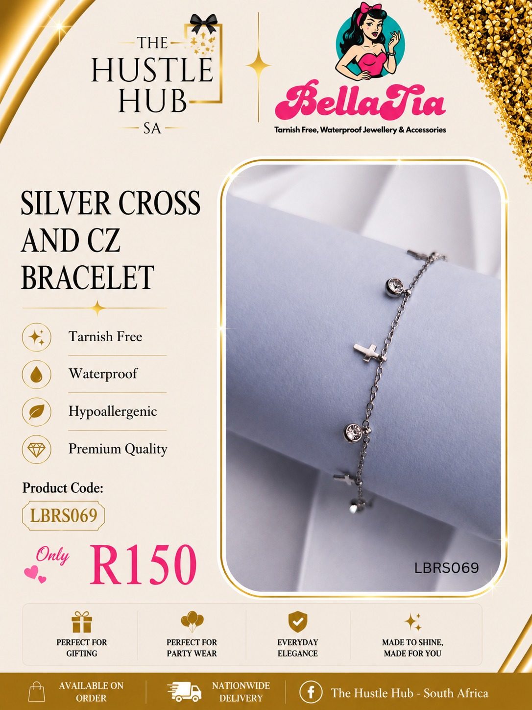 Silver Cross and CZ Bracelet