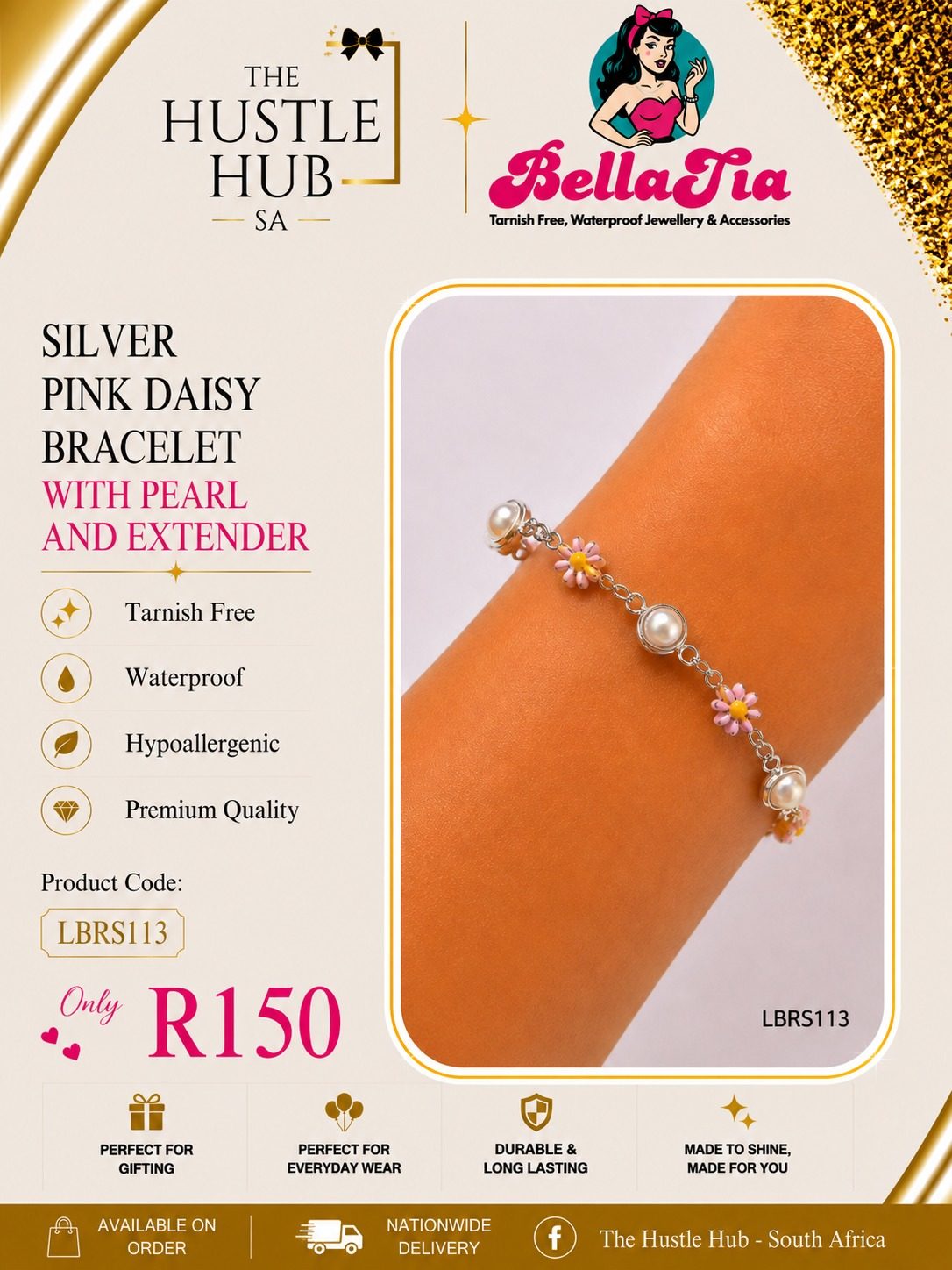 Silver Pink Daisy Bracelet