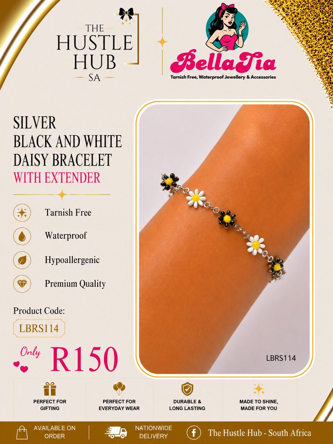Silver Black & White Daisy Bracelet