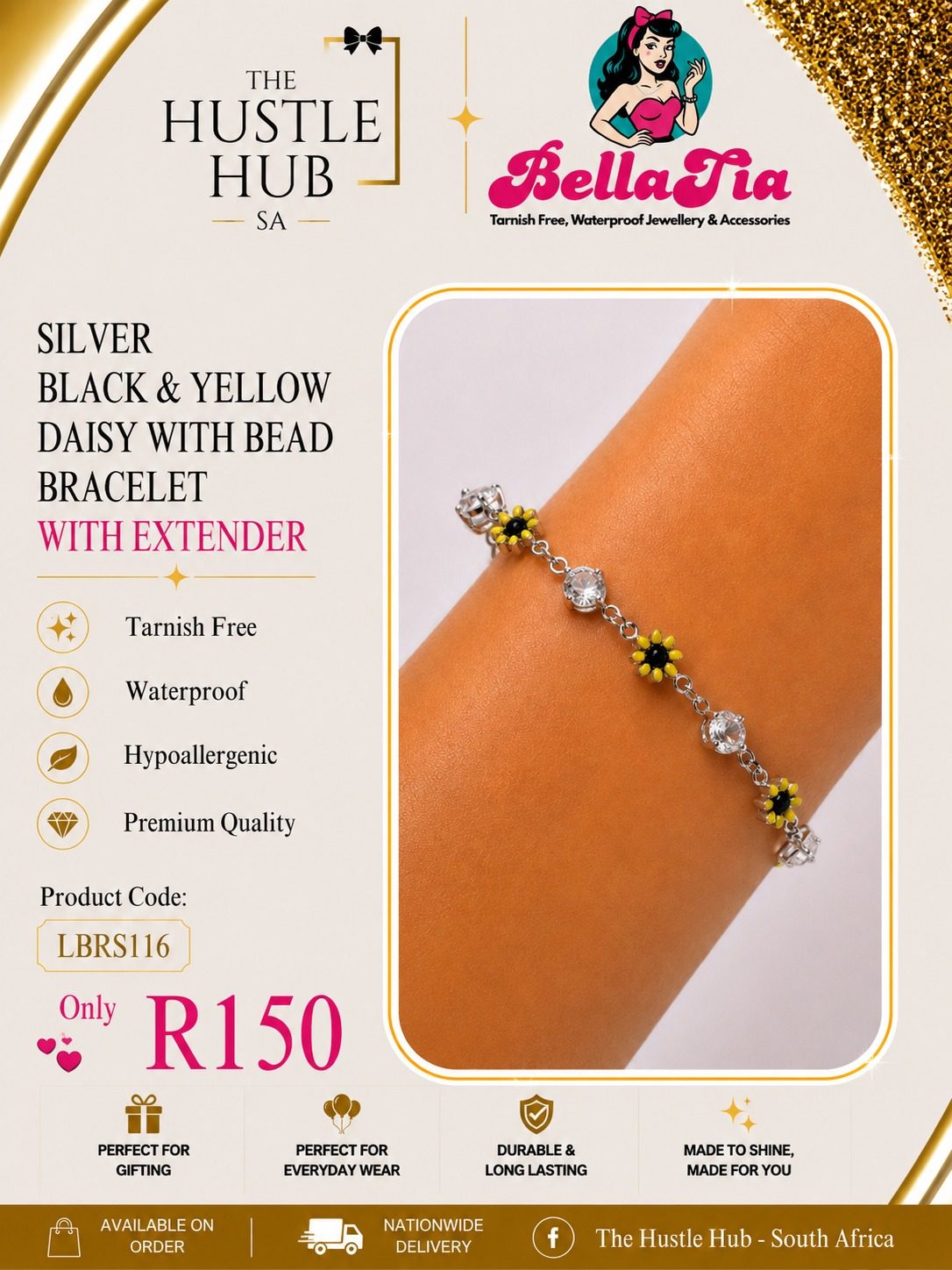 Silver Black & Yellow Daisy Bracelet