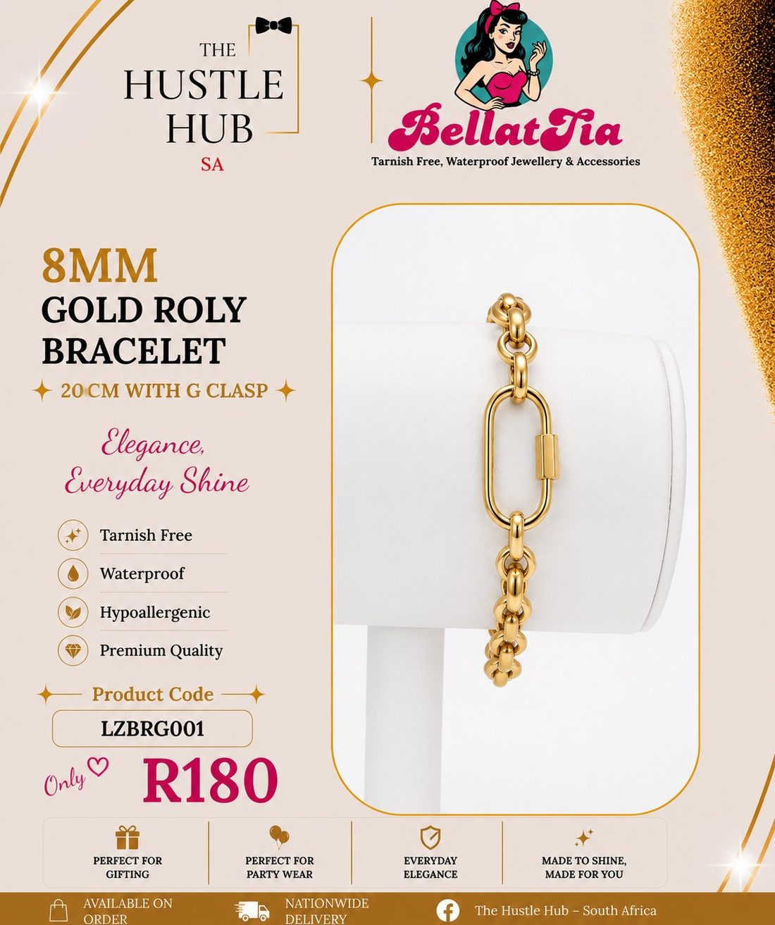 8mm Gold Roly Bracelet