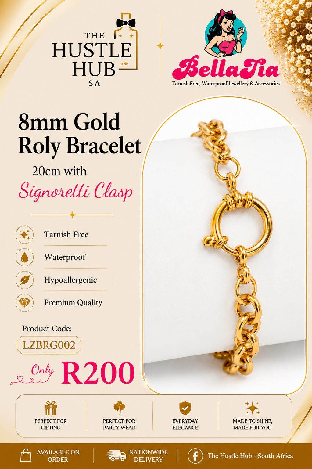 8mm Gold Roly Bracelet with Signoretti Clasp