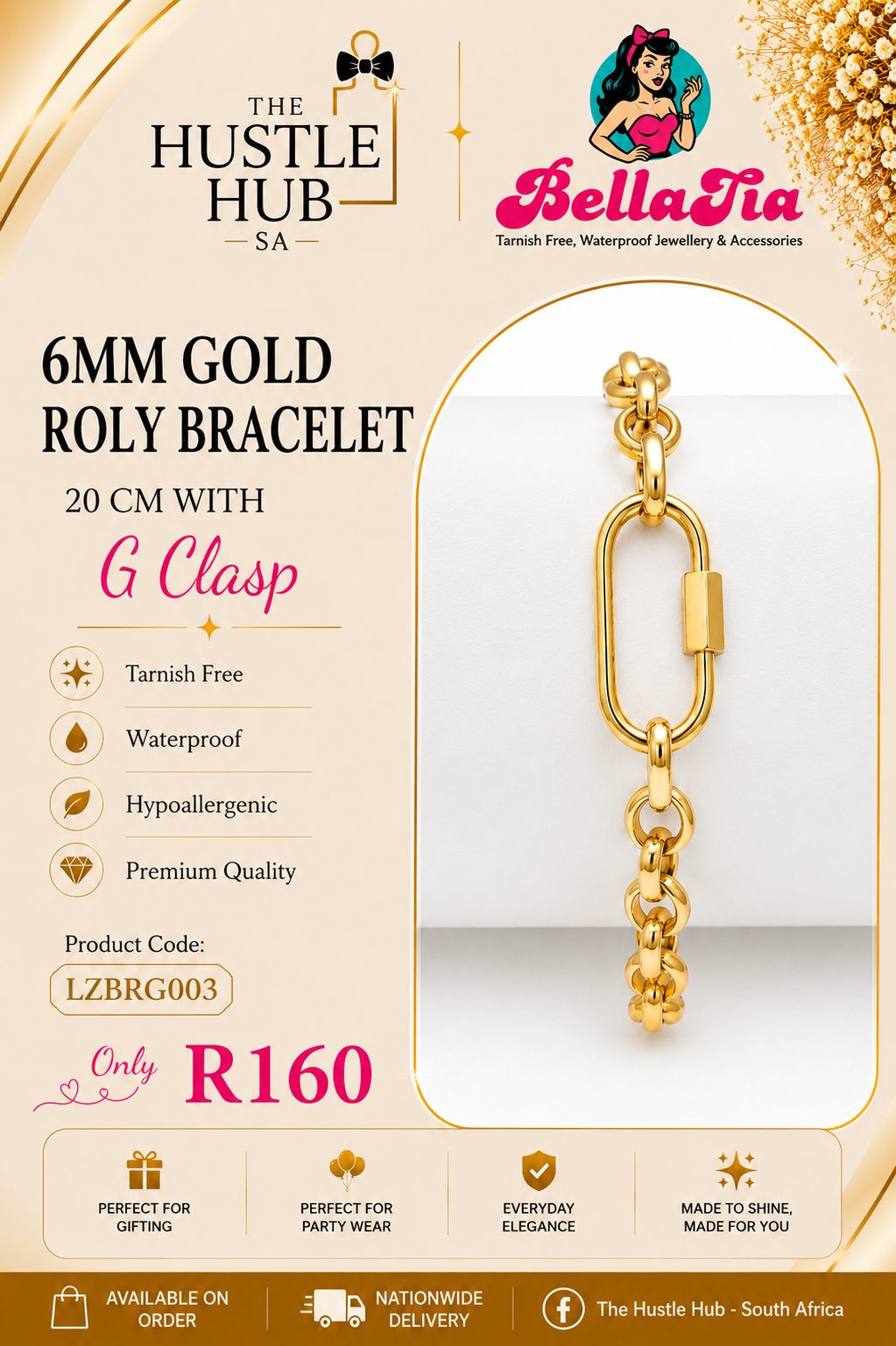 6mm Gold Roly Bracelet with G Clasp