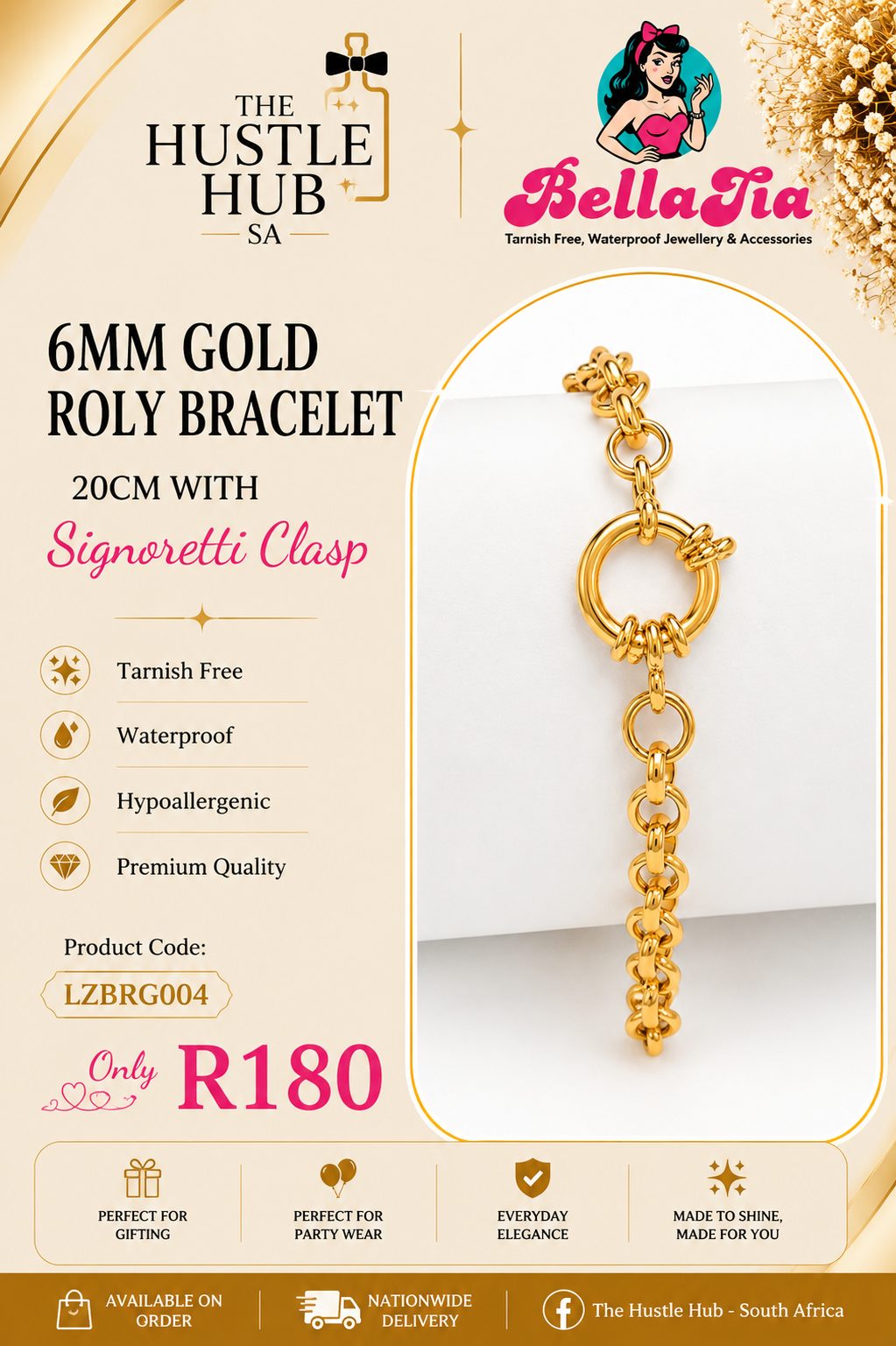 6mm Gold Roly Bracelet with Signoretti Clasp
