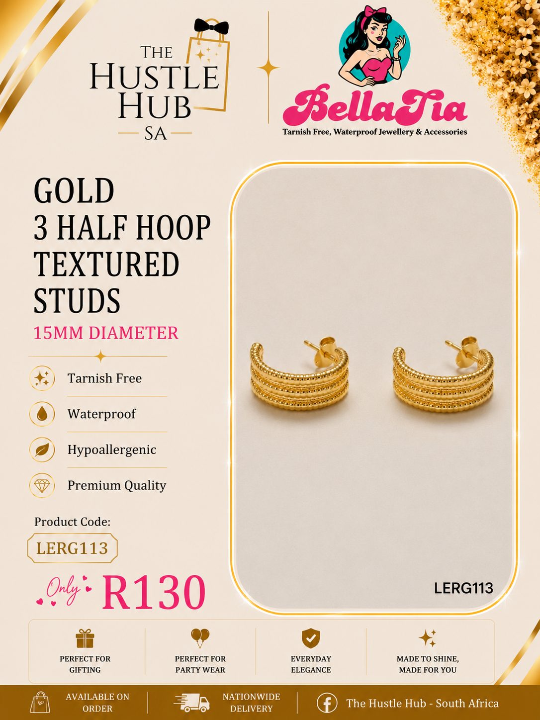 Gold 3 Half Hoop Textured Studs