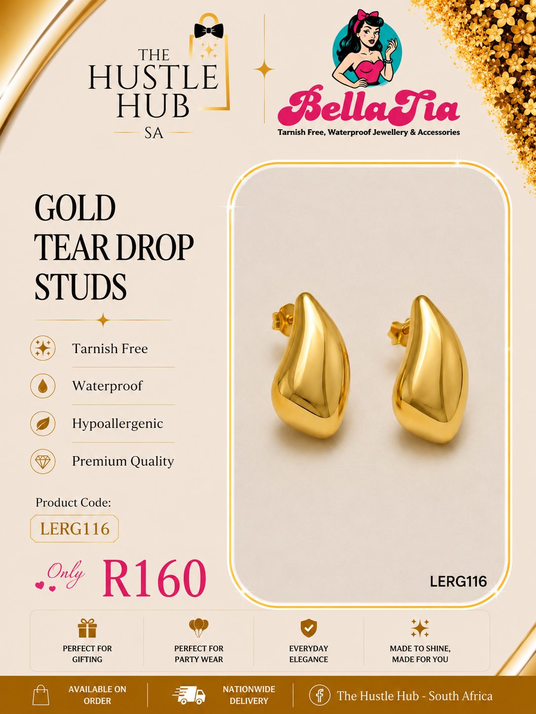 Gold Tear Drop Studs