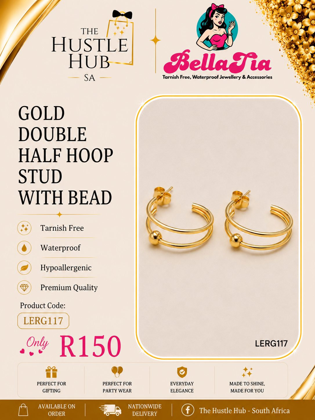 Gold Double Half Hoop Stud with Bead